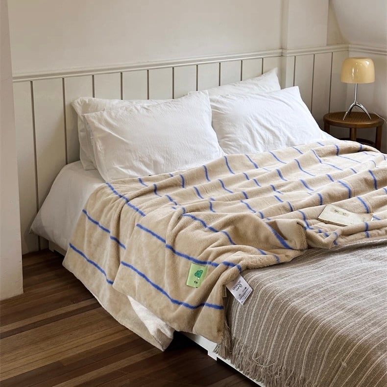 ベージュ ブルー ストライプ柄 ふわふわ ソフト ブランケット 150×200