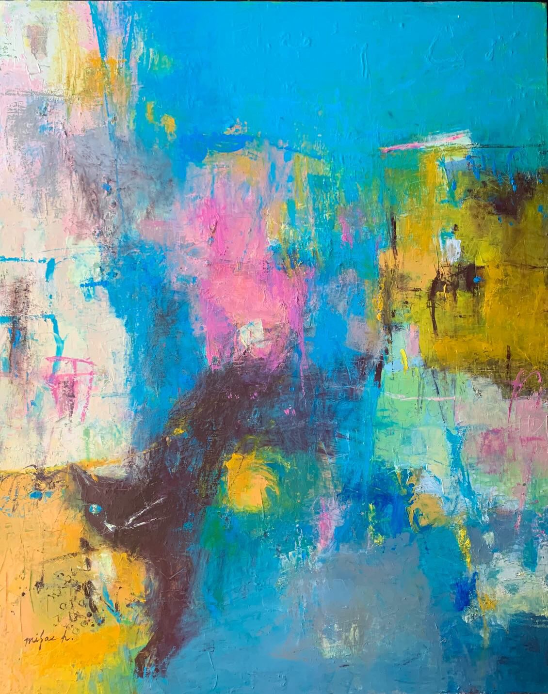 抽象画 街に棲む F30号 （額なし）油彩、オイルパステル、キャンバス