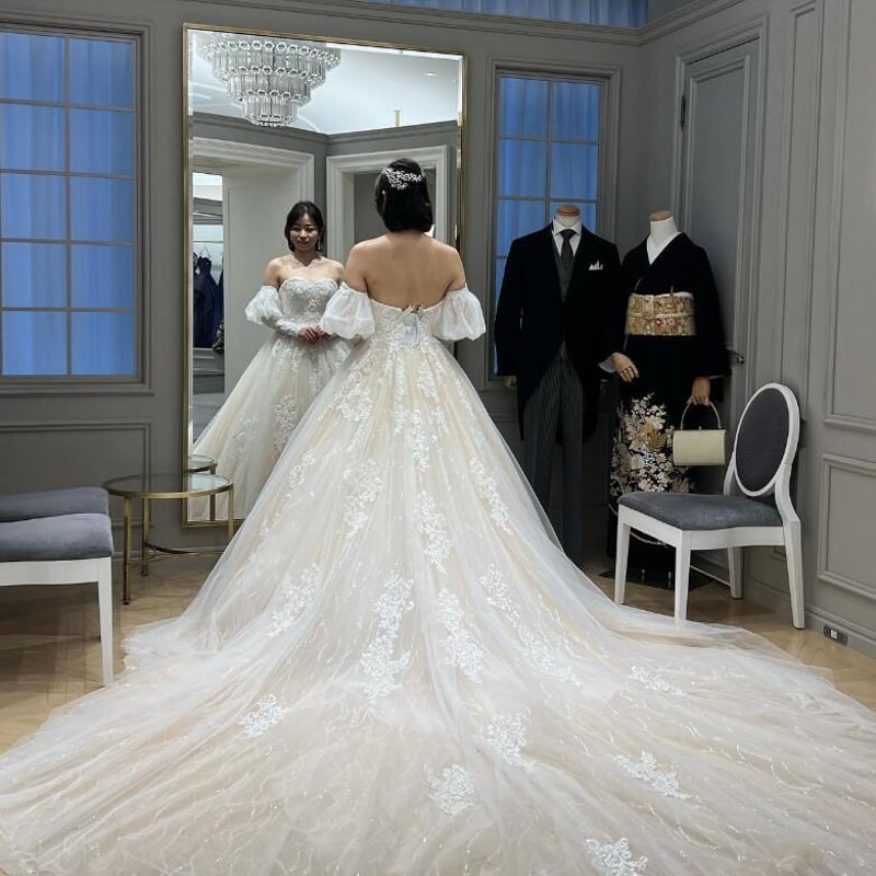 豪華！ ウェディングドレス 取り外し袖 キラキラ光る刺繍 キラキラ