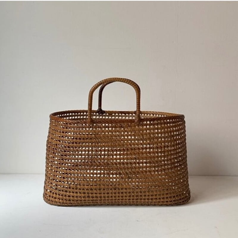 古い茶籠 左右幅 31.5cm 籐編み トート型ヴィンテージ カゴバッグ 良品