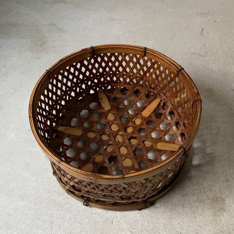 古い高台竹籠 円型 筒型 水切りかご 六つ目編み 小物入れ アンティーク