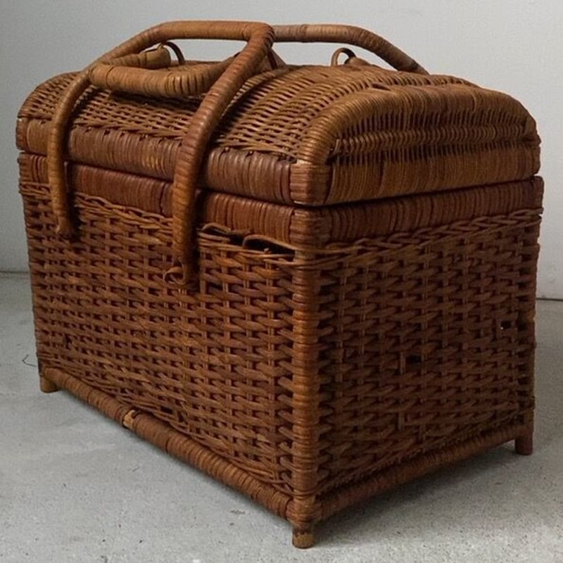 アンティーク 大正バスケット ラタン製蓋付き小型バスケット カゴ