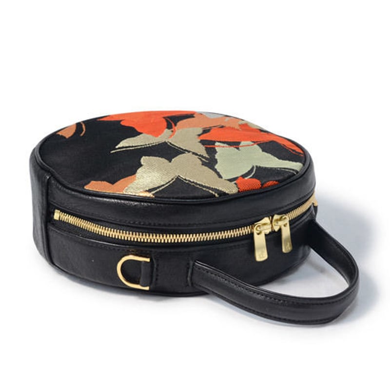 和柄レザーラウンドバッグ 蝶 帯リメイクバッグ 本革 | 和柄レザー