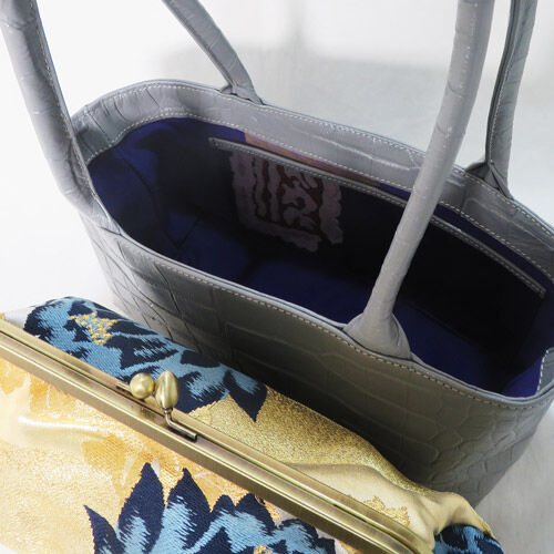 がま口トートバッグ 帯地リメイク ゴールドネイビー花帯 レザートート