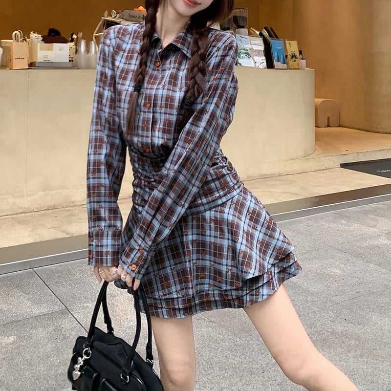 襟付き リボンチェック柄 シャツワンピース ウエストマーク ミニ