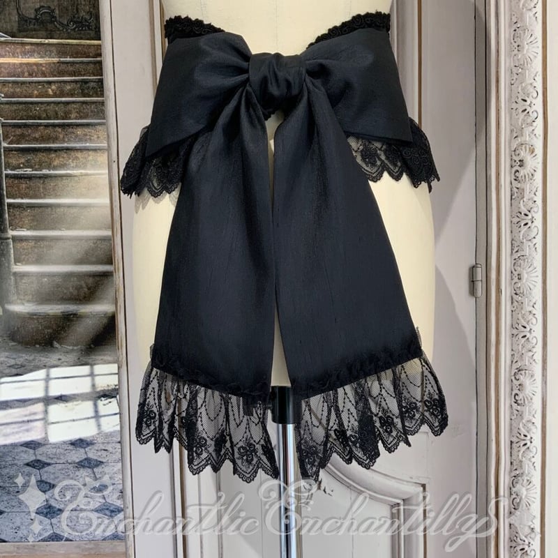 チュールレースリボンコルセット（黒×黒レース）ループ編み上げタイプ