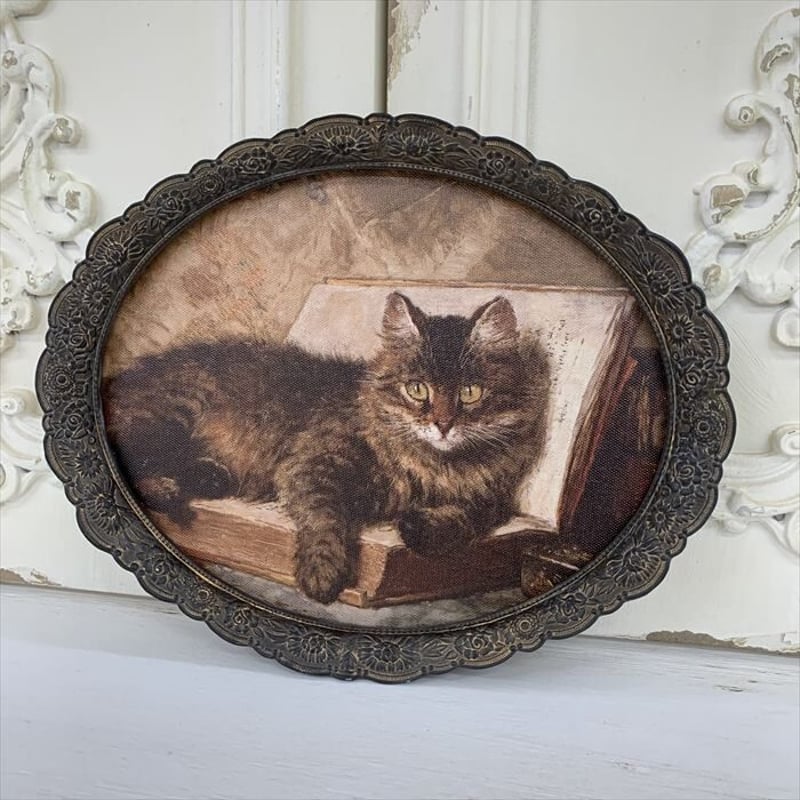 猫と本 クラシック 壁掛 絵 額絵 ラウンド 楕円 | 世界の猫祭コチ