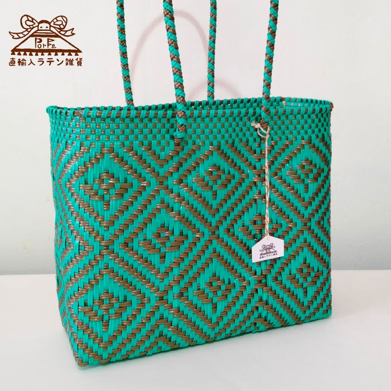 お花柄メルカドバッグ(S)エメラルドグリーン×ゴールド（送料込み