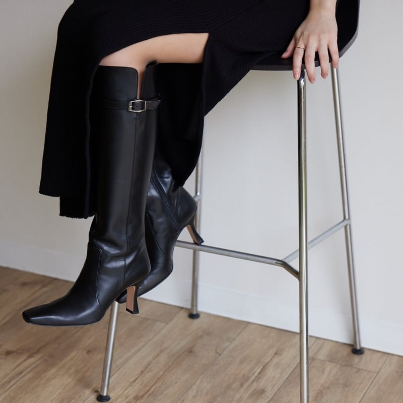 スクエアトゥバックルベルト付きロングブーツ/Square toe buckle belt