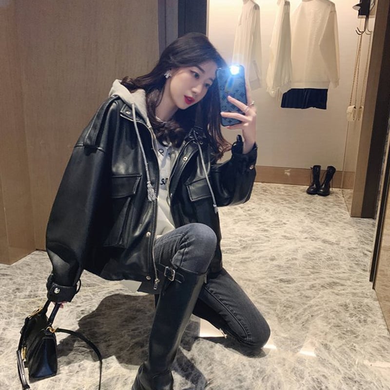 フード付きライダースジャケット レザージャケット PUレザー