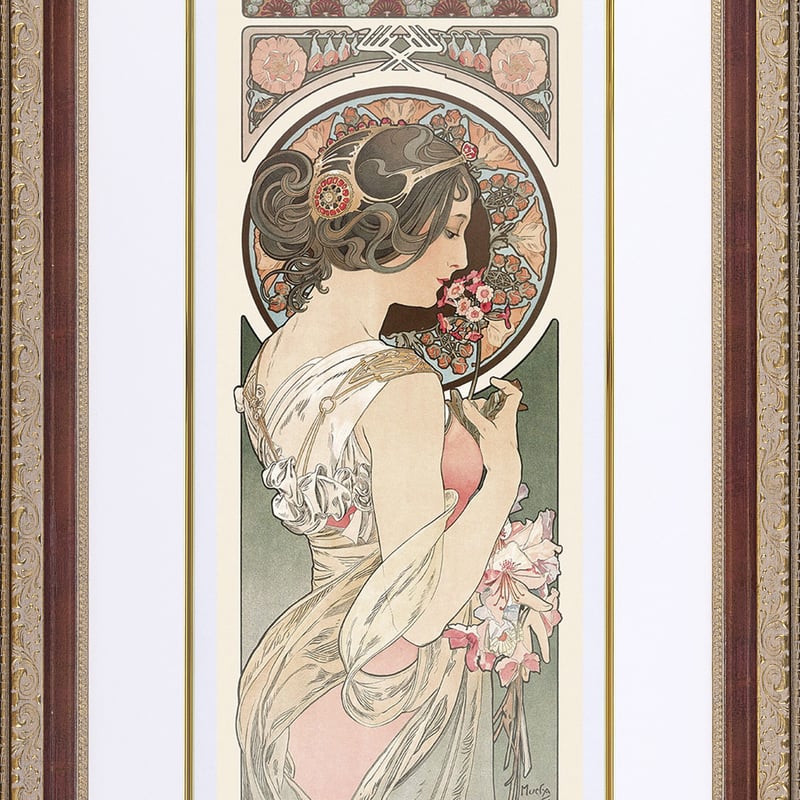 ミュシャ『桜草』 リトグラフ・送料無料・新品額装・UVカットアクリル