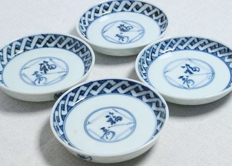 大正～昭和戦前染付福寿文字図と松葉図縁立ち小皿 | 吉祥寺PukuPuku