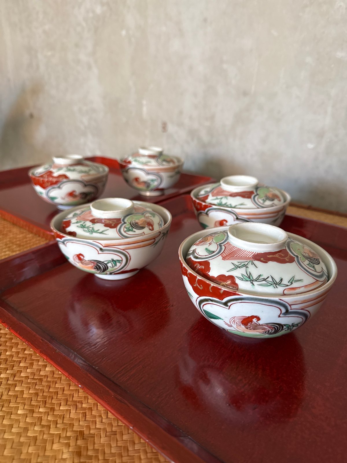 古伊万里 色絵窓絵鶏図 蓋茶碗 5客セット | Kaikaroman ONLINE STORE