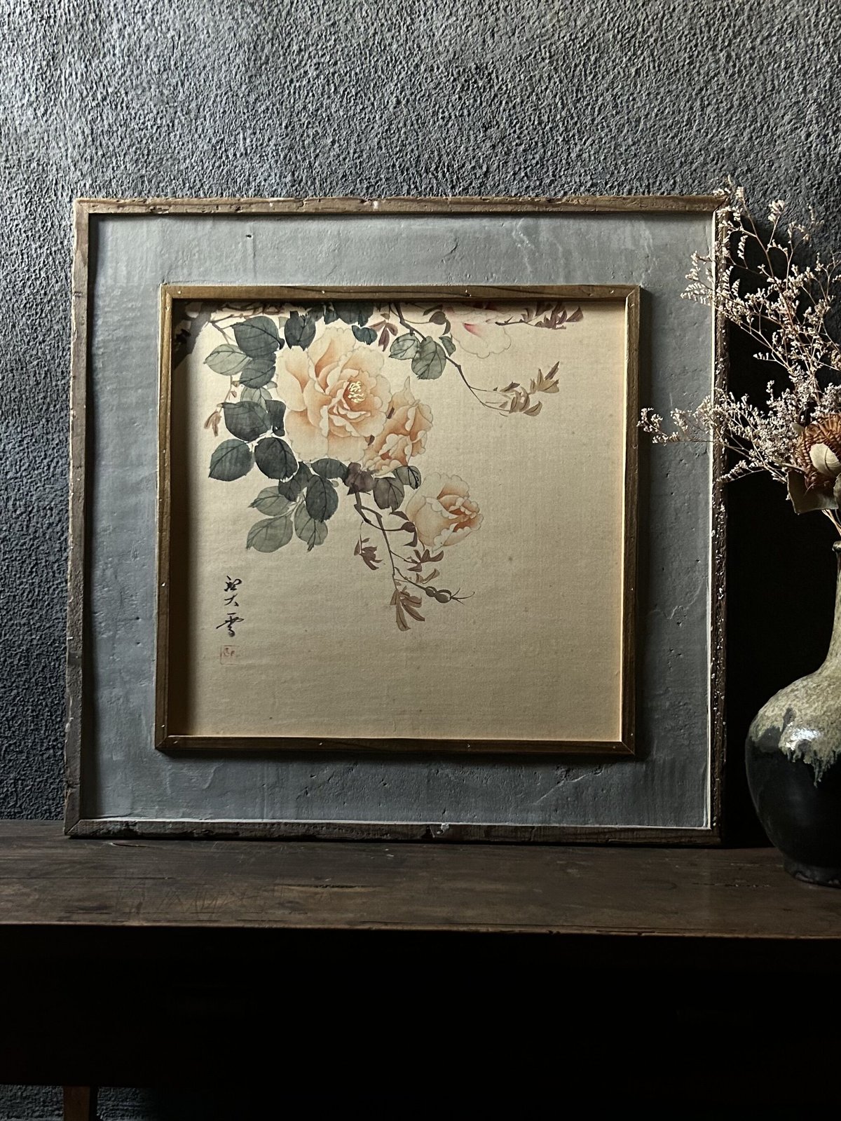 掛け軸アート「牡丹」/日本画/古材額/アンティーク | 骨董