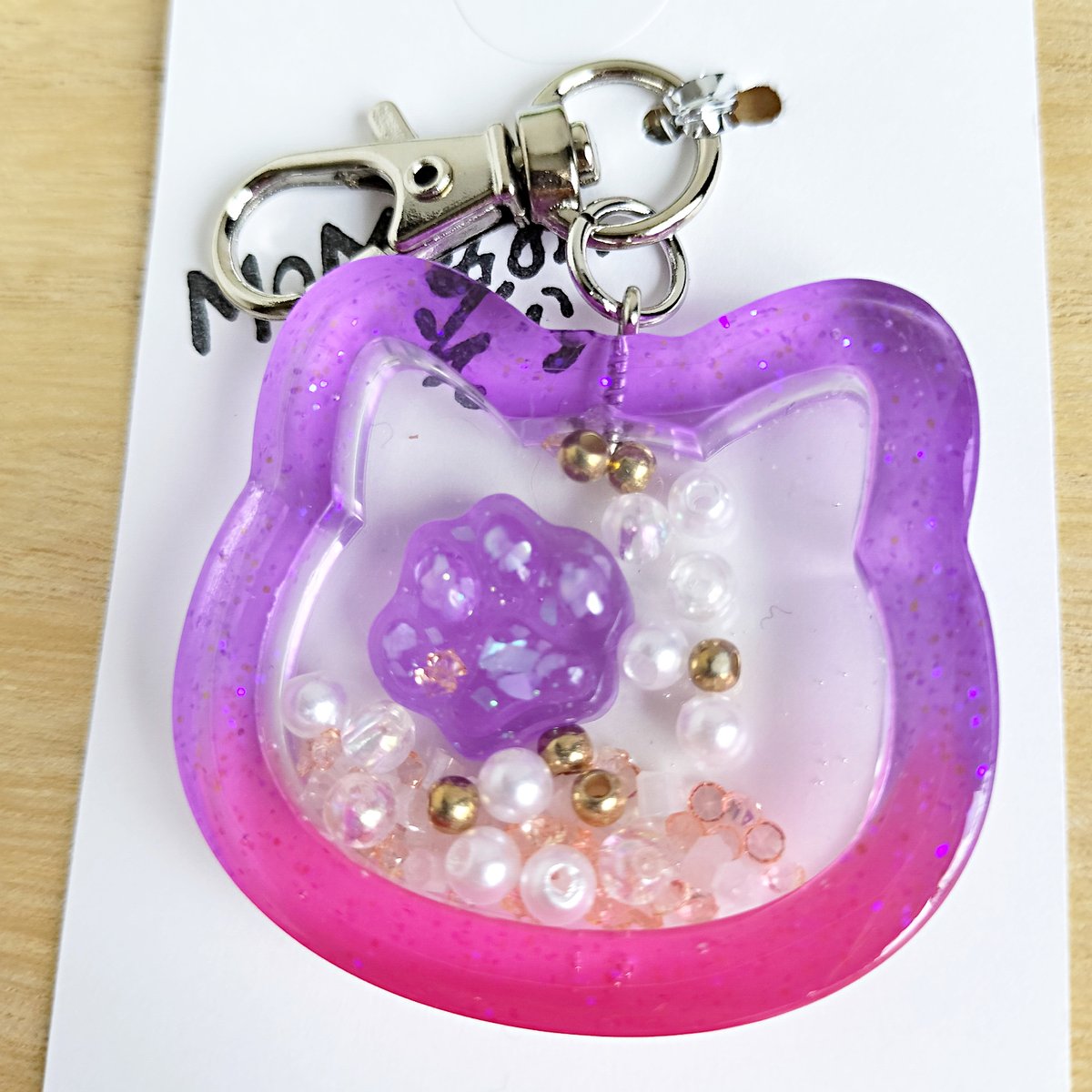 レジン＊シャカシャカキーホルダー／ネコ(小・紫×ピンクグラデーション