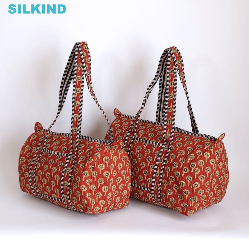 ダッフルバッグ インド綿 ブロックプリント クリムゾンフラワー