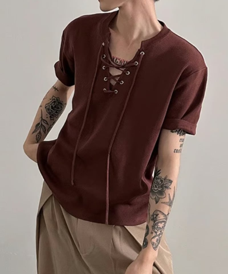 レースアップデザイン・VネックTシャツ / 2color | ness.