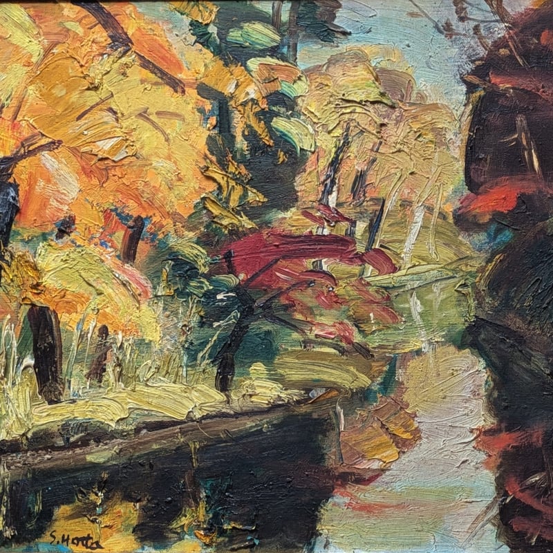 堀田清治 油彩（油絵） 「池辺秋色」 手彫旧額（ガラス無） 裏書署名