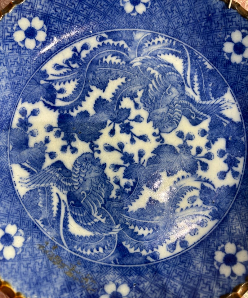 古伊万里 染付 印判大皿 (桜 鳳凰紋様) 7寸皿 飾り皿 盛り皿 いげ皿