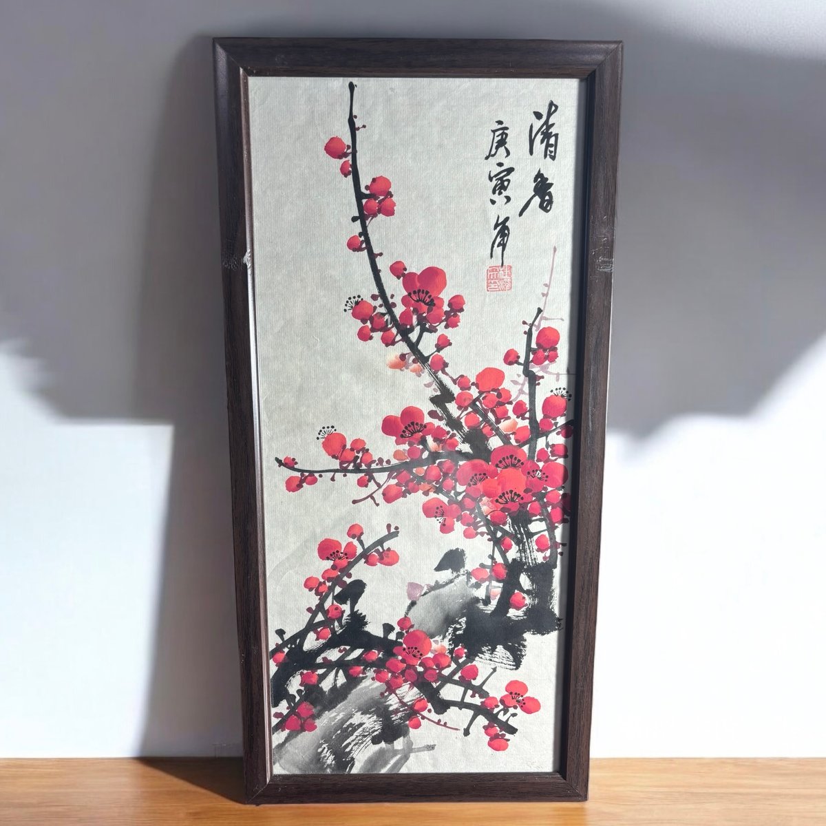 中国美術 水墨画【紅梅】額装 壁掛 額 絵画 梅 色絵 民国 古美術 装飾