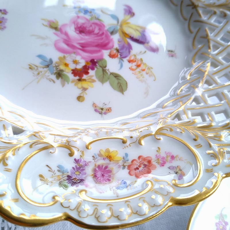 1924年以前Meissenマイセンオープンワークとドイツフラワー金彩の