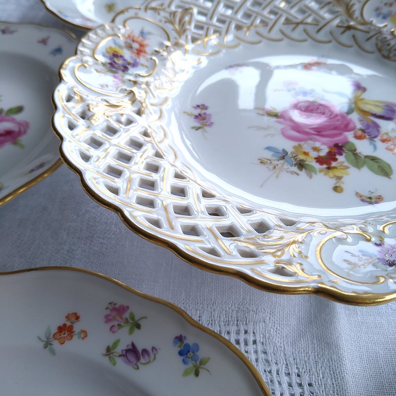 1924年以前Meissenマイセンオープンワークとドイツフラワー金彩の