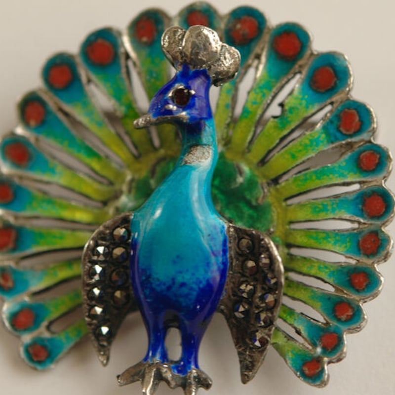 silver グラスエナメルの孔雀/ヴィンテージブローチ/イギリス