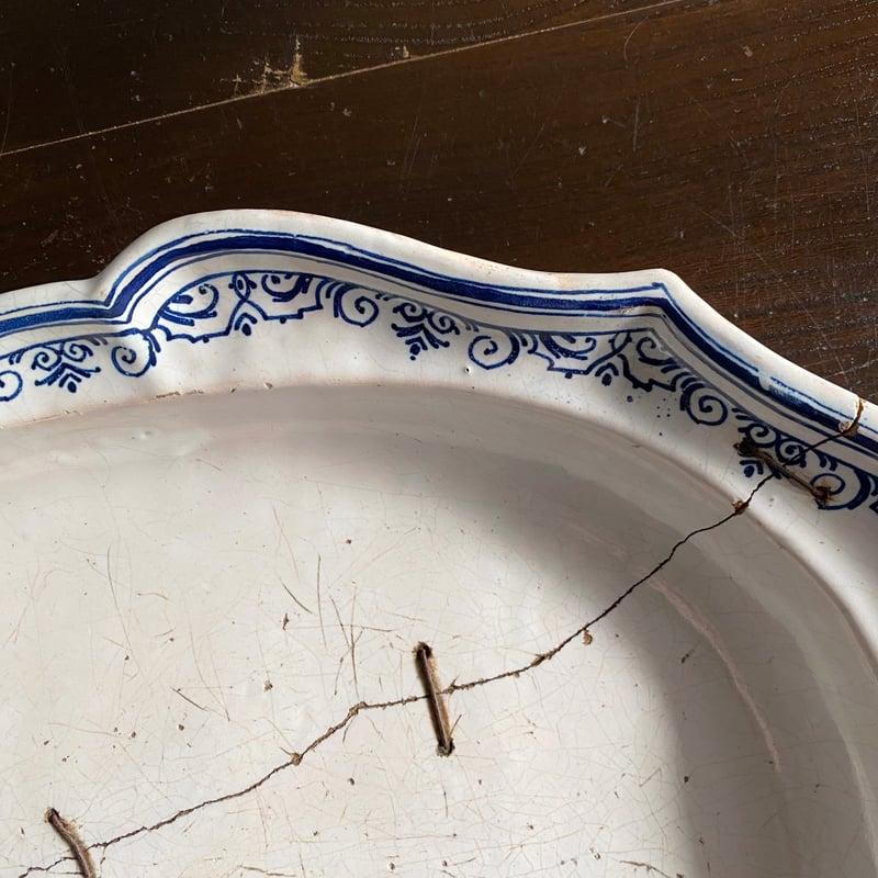 Moustiers ムスティエ 鎹 修繕 花リム オーバル皿 楕円皿 フランス