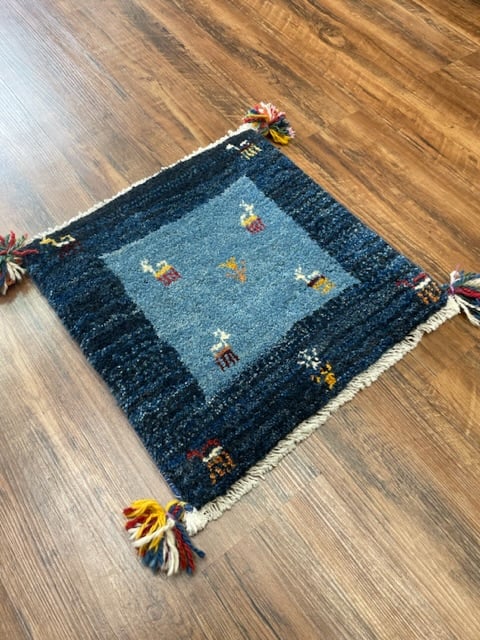 新品 ペルシャ絨毯 手織り ギャッベ 39×40cm 青 山羊 生命の木