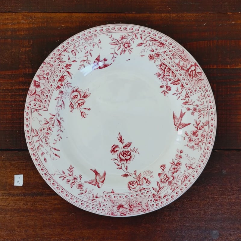 フランスアンティーク 赤い小花と小鳥のプレートd | フランス