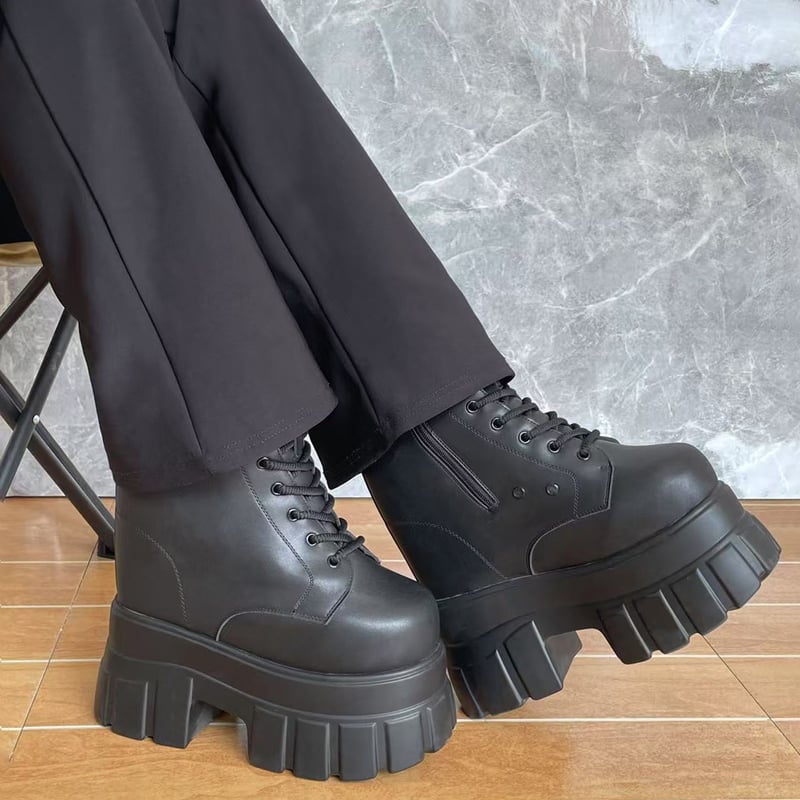 22㎝】シークレットブーツ レースアップ ショートブーツ ブラック 10