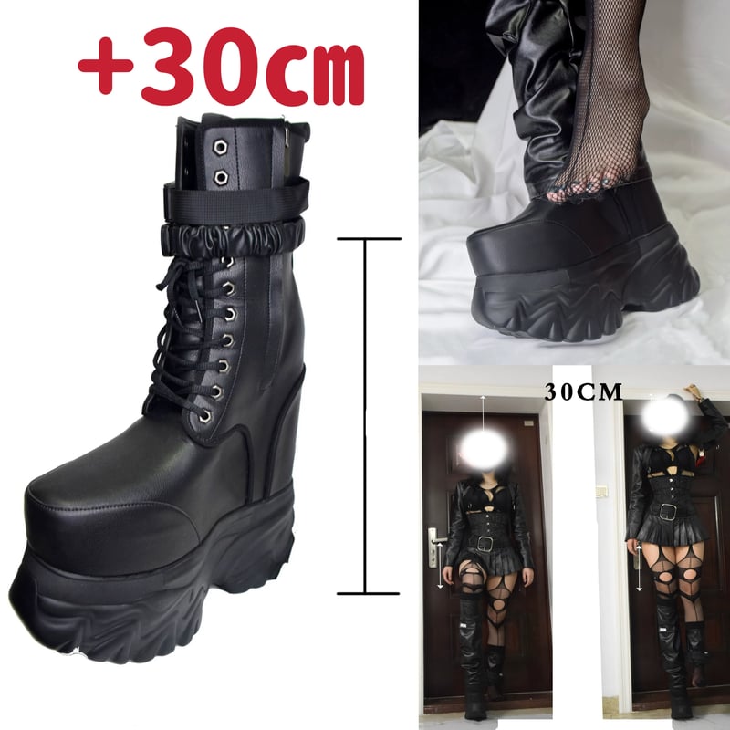 30㎝】 シークレットブーツ レースアップショートブーツ ブラック 厚底