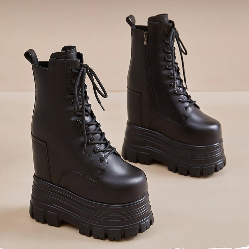 22㎝】シークレットブーツ レースアップ ショートブーツ ブラック 10