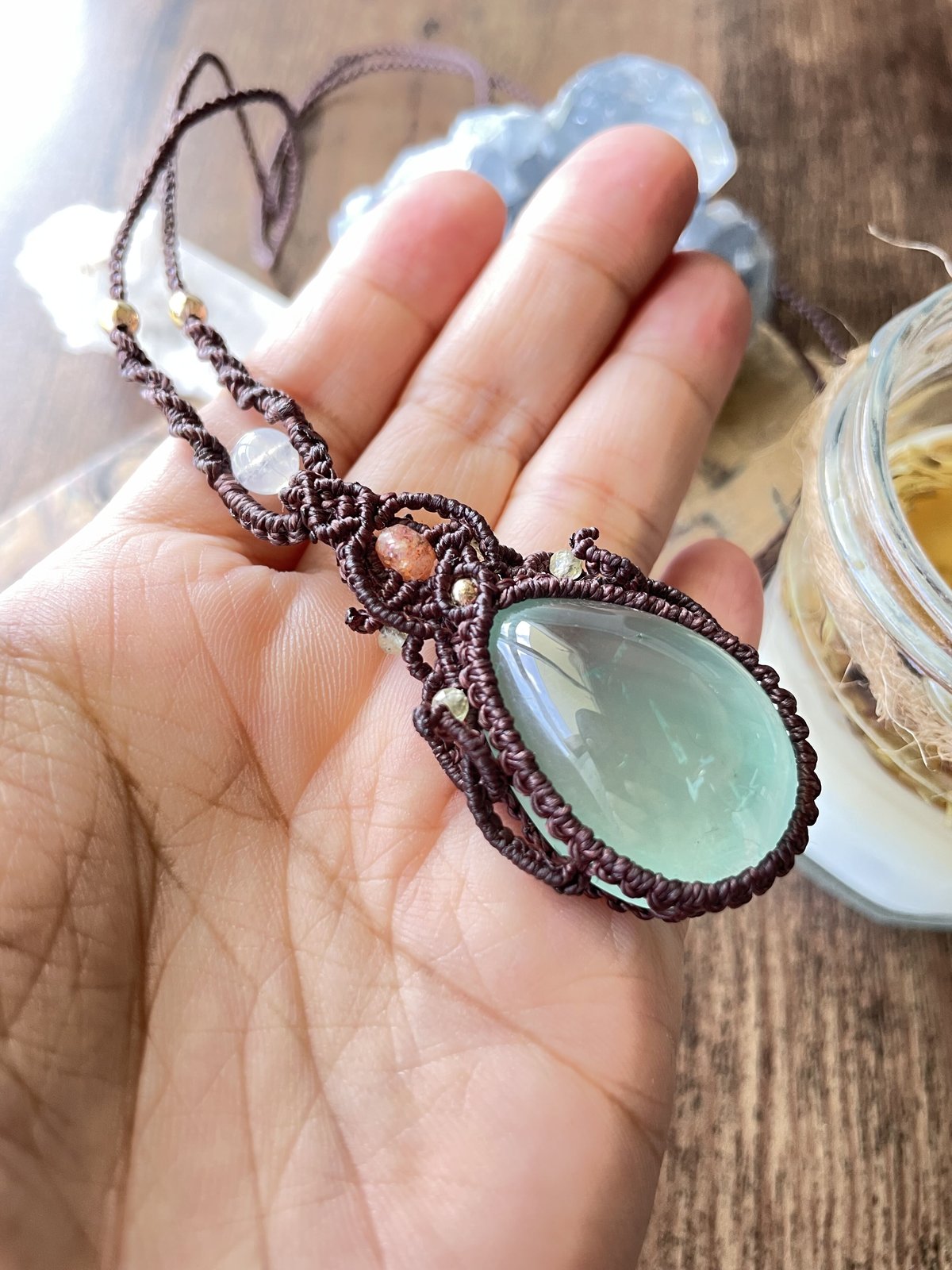 グリーンフローライト マクラメペンダント 天然石ネックレス