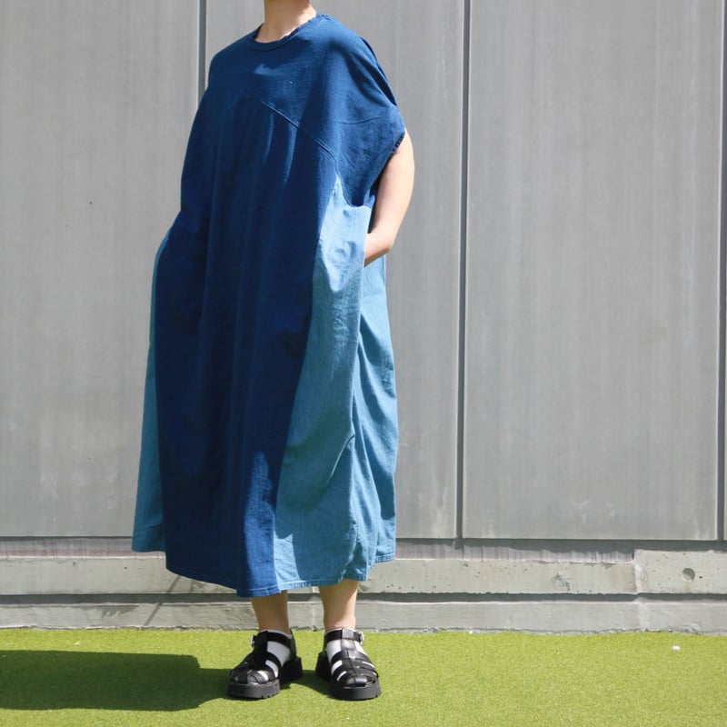 インディゴ染めデニムドッキングワンピース | Blue rough STORE