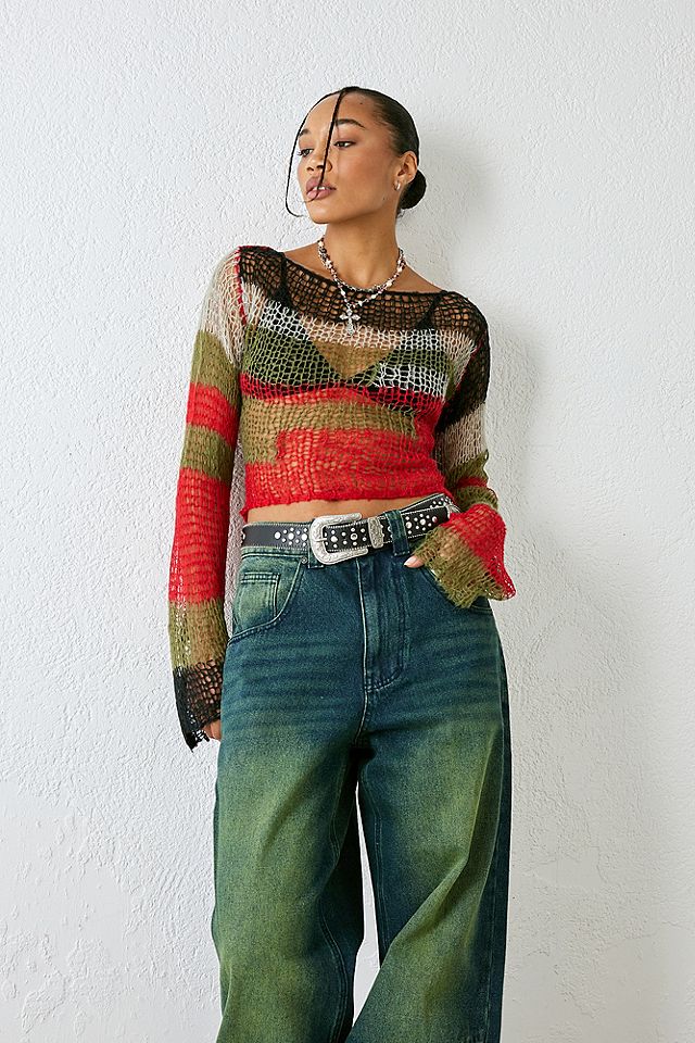 Jaded London Red Mercer Shredded Knit Jumper | Urban Outfitters UK