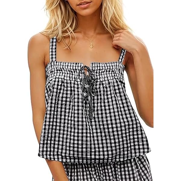 Women Y2k Plaid Tank Top Spaghetti Strap Peplum Camisole