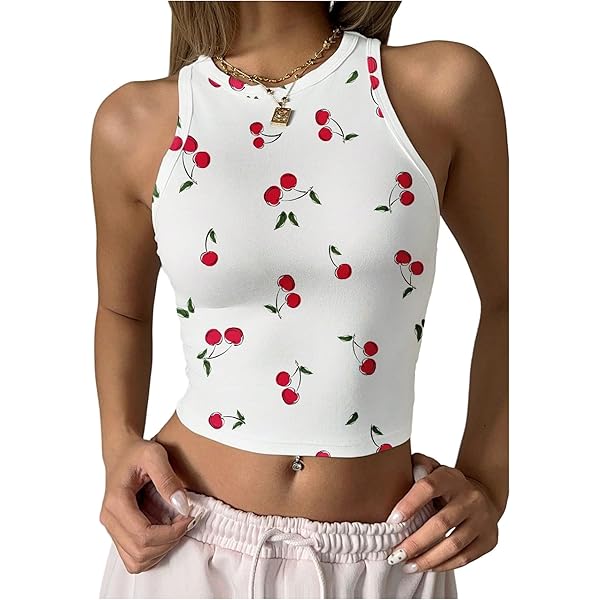 WDIRARA Women's Cherry Print Curve Hem Tank Top Sleeveless Scoop