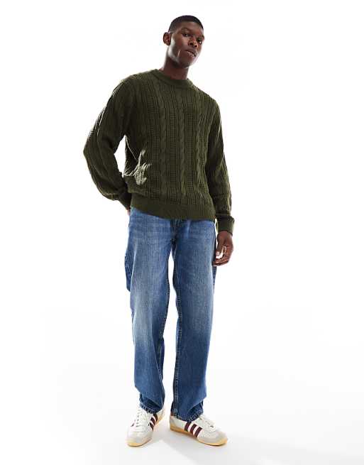 JJ Rebel cable knit sweater in green | ASOS