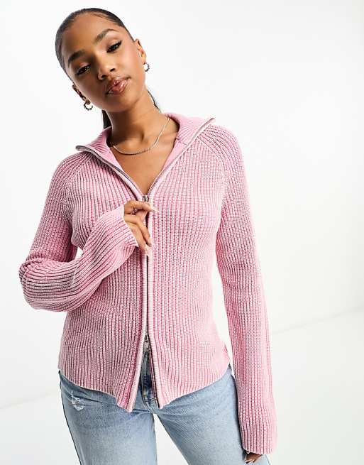 Monki ribbed knit two-way zip cardigan in pink | ASOS