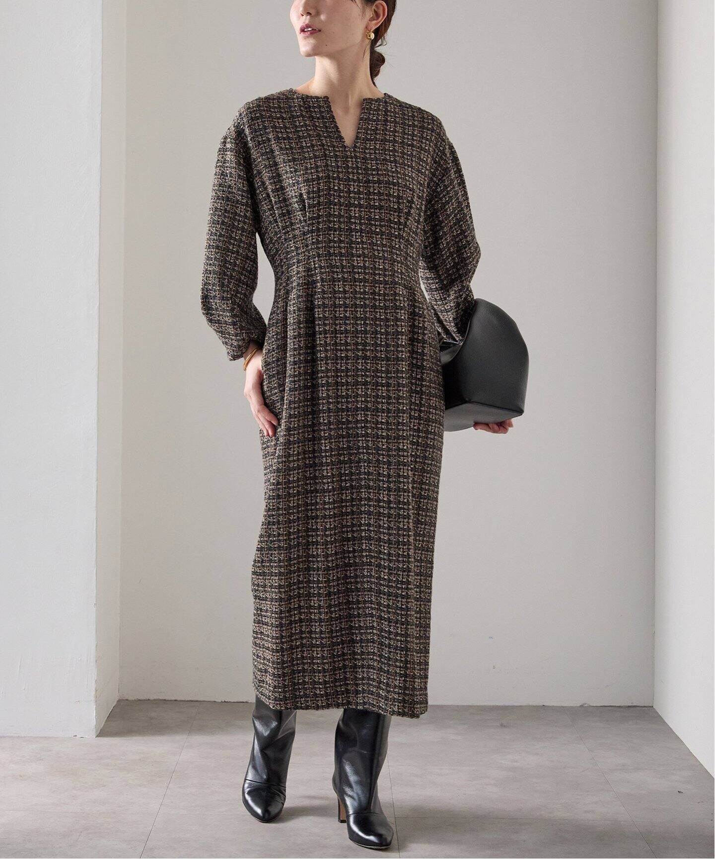 ミックスツイードウエストシェイプワンピース（ワンピース）｜VERMEIL