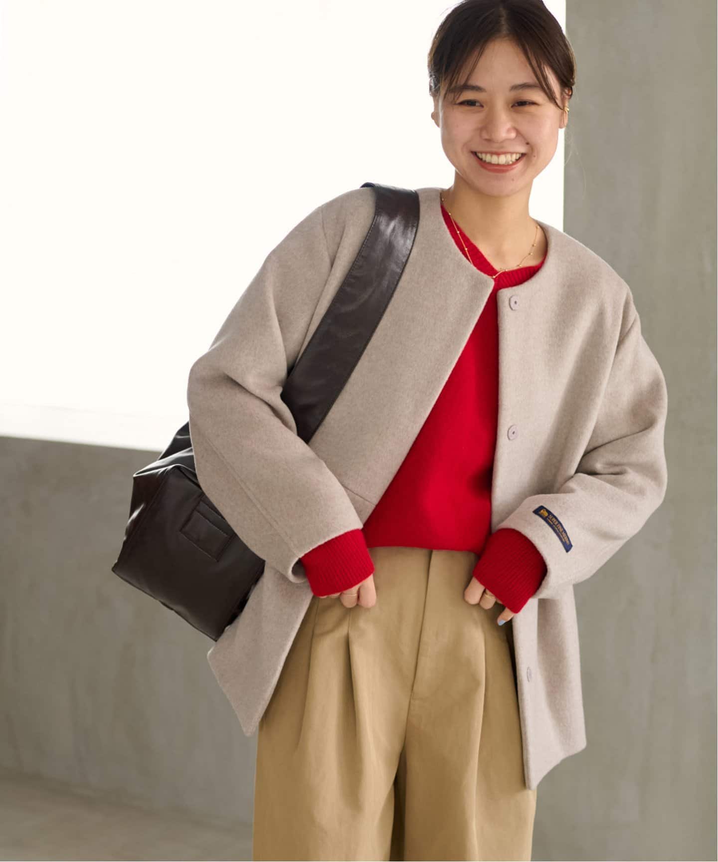 追加》スーパーファインビーバークルーネックコート（ノーカラーコート