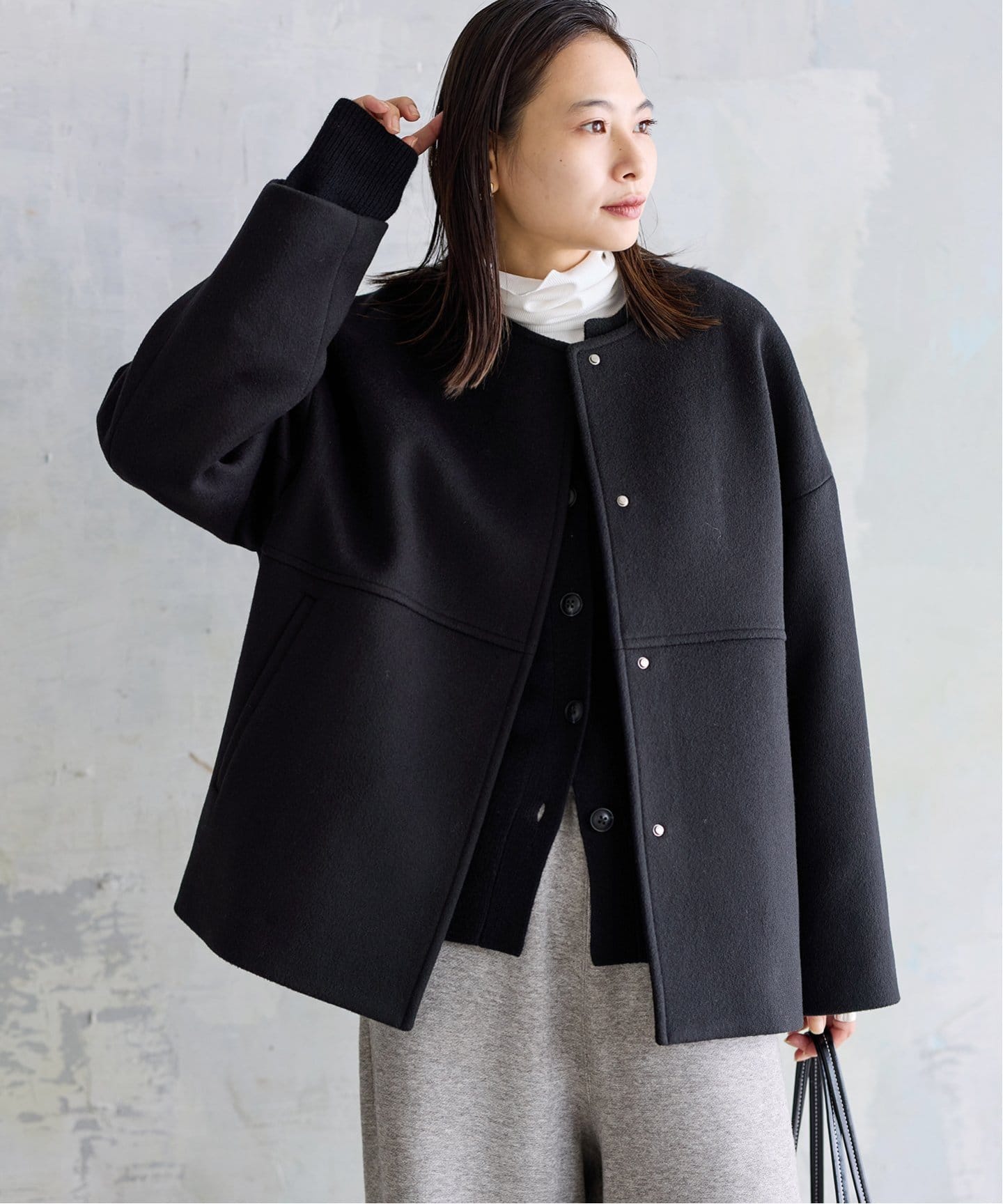 スーパー140ビーバーノーカラーショートコート（ノーカラーコート