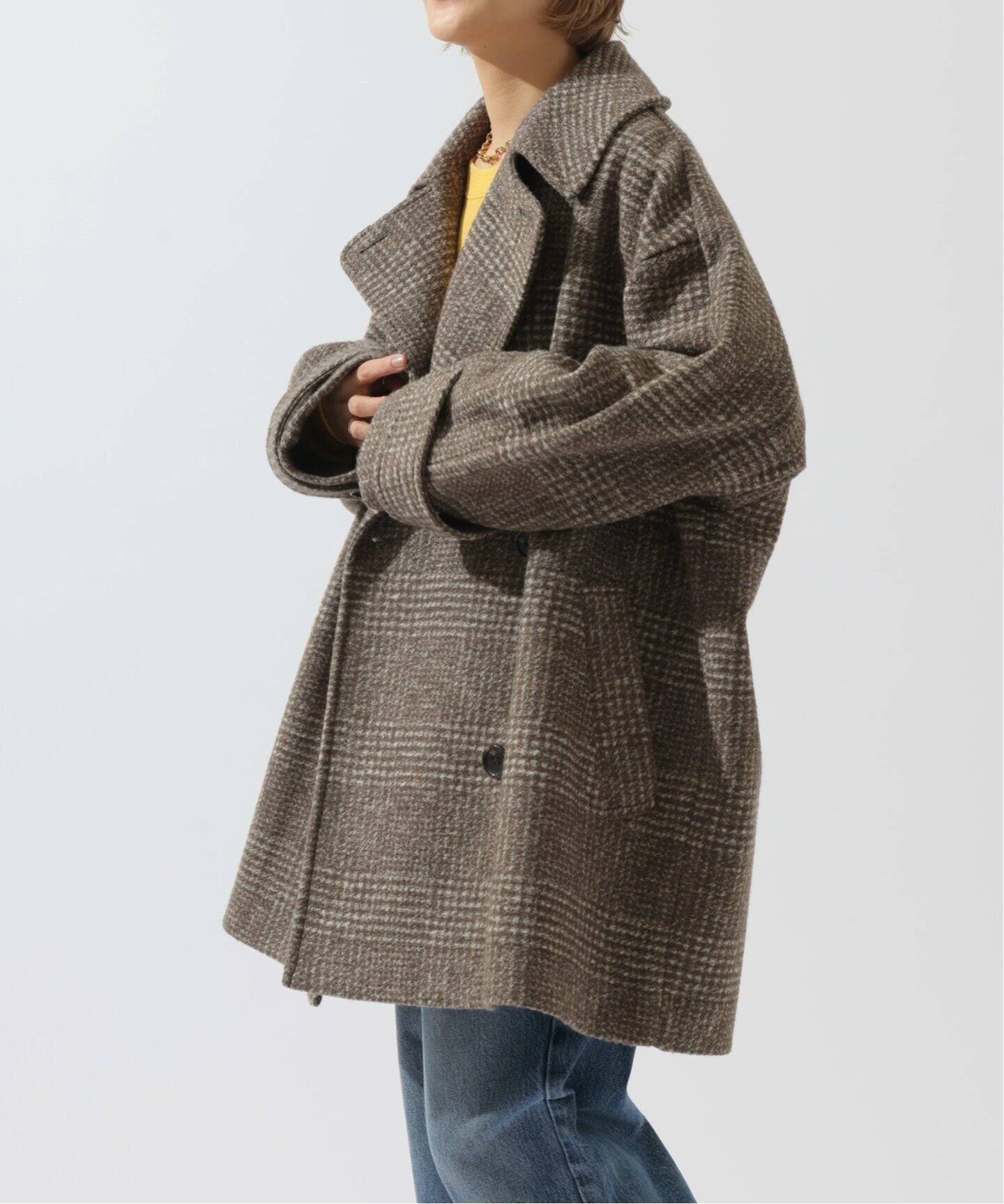 Spick & Span Wスライバーチェックハーフコートブラウン36サイズ