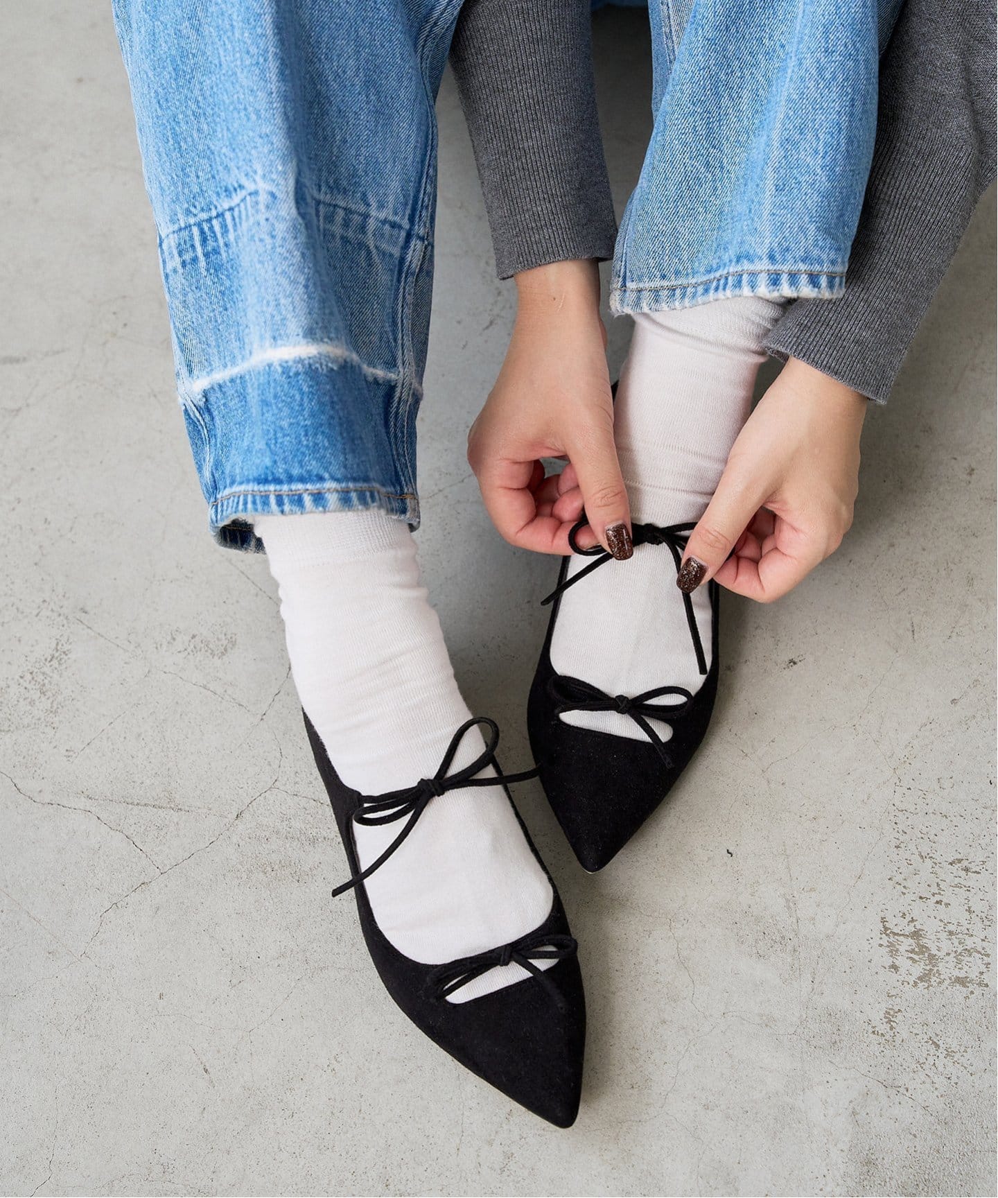 追加》ポインテッドダブルリボンフラット（フラットシューズ）｜LE