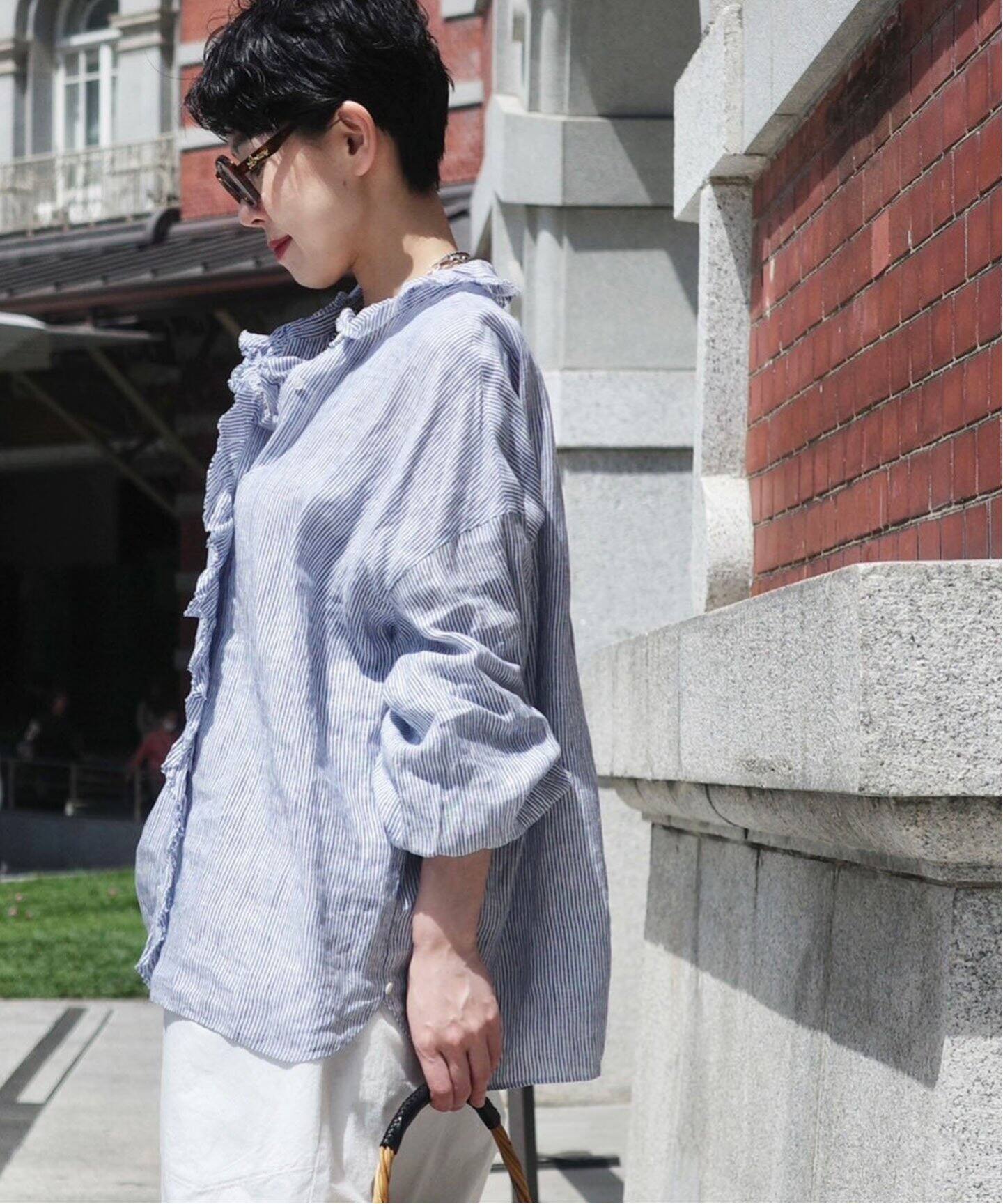 リネンストライプ フリルブラウス（シャツ／ブラウス）｜journal