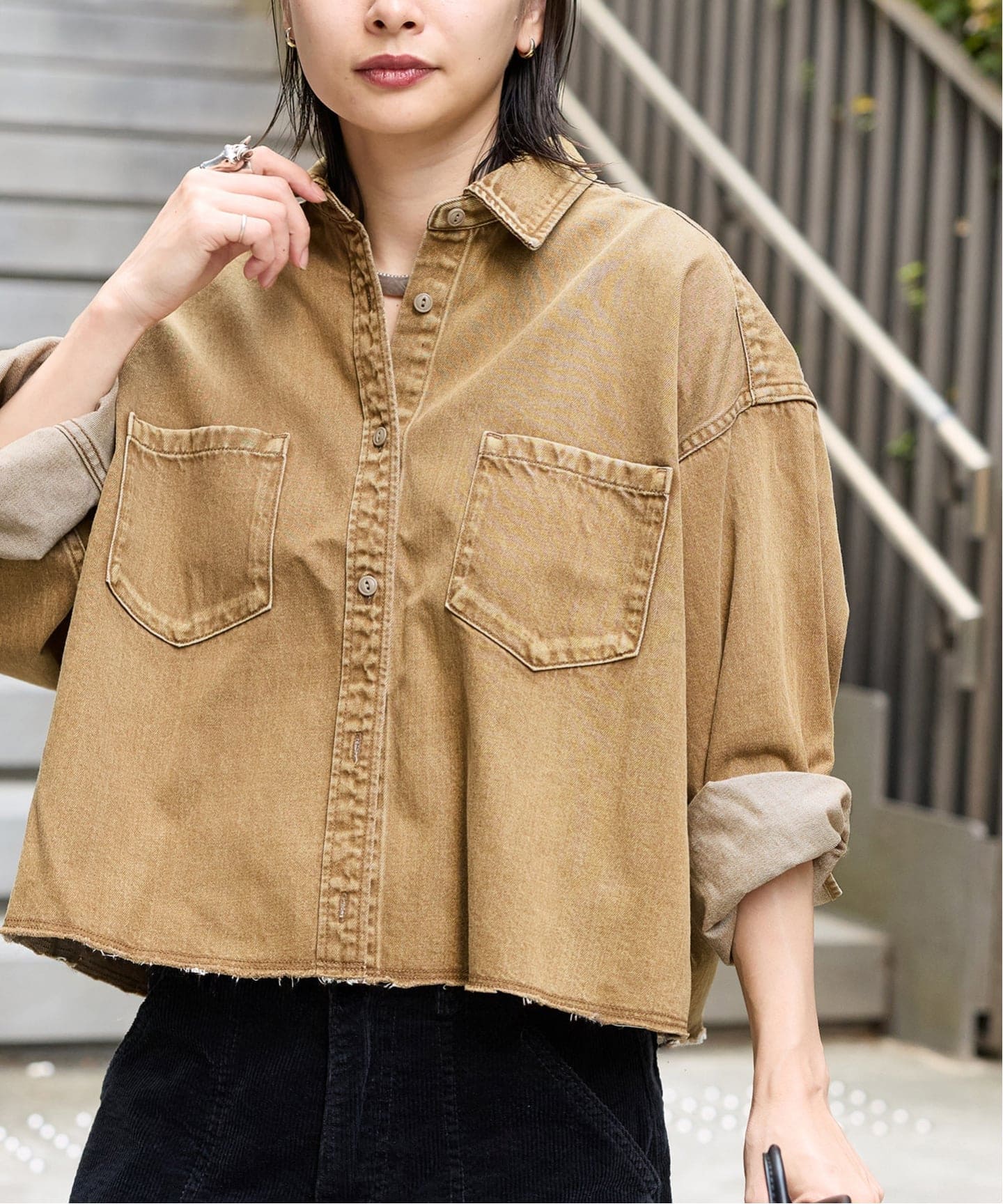 追加3》ライトオンスデニムクロップドシャツ（シャツ／ブラウス