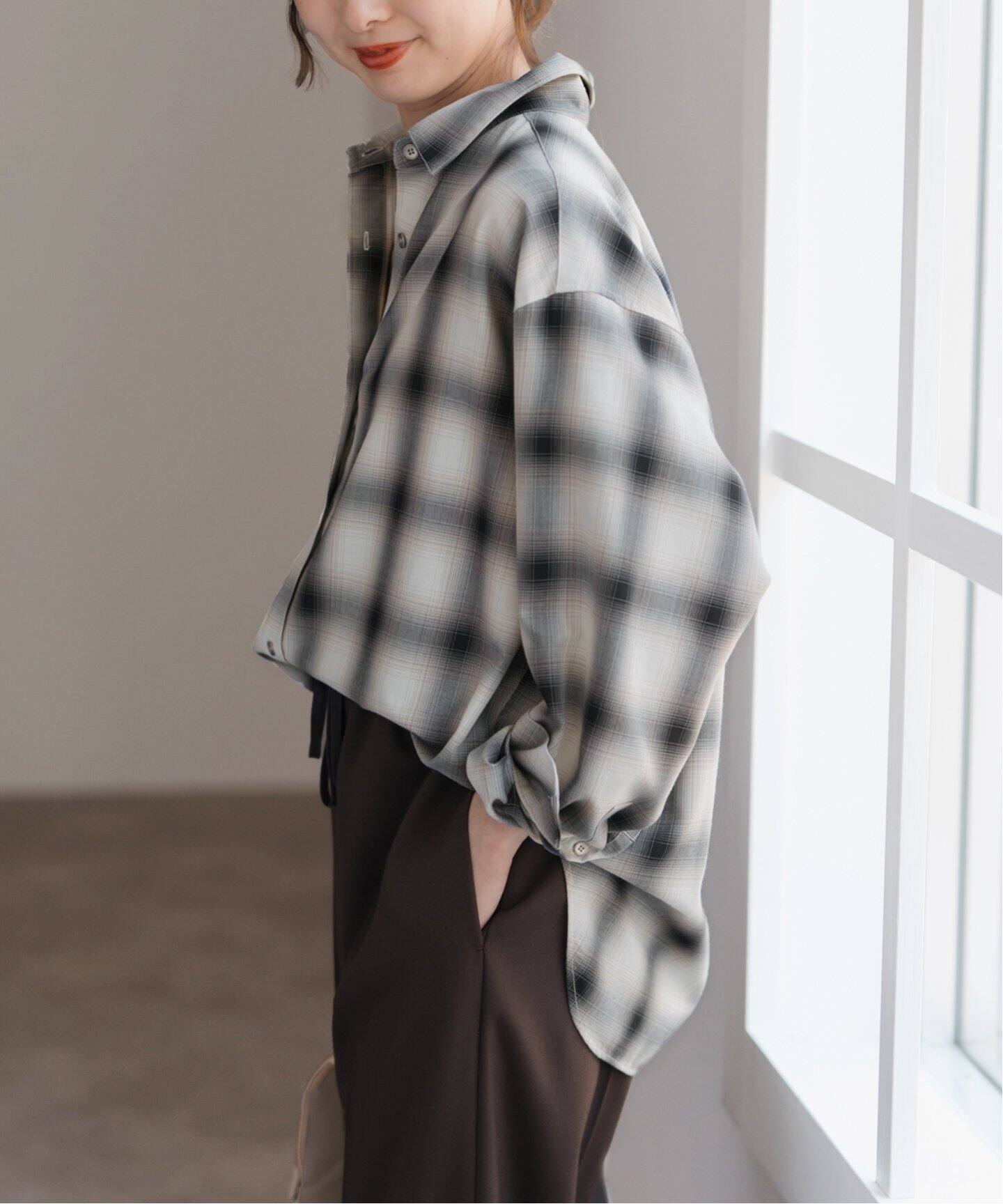追加》メタルボタンTRチェックルーズシャツ（シャツ／ブラウス