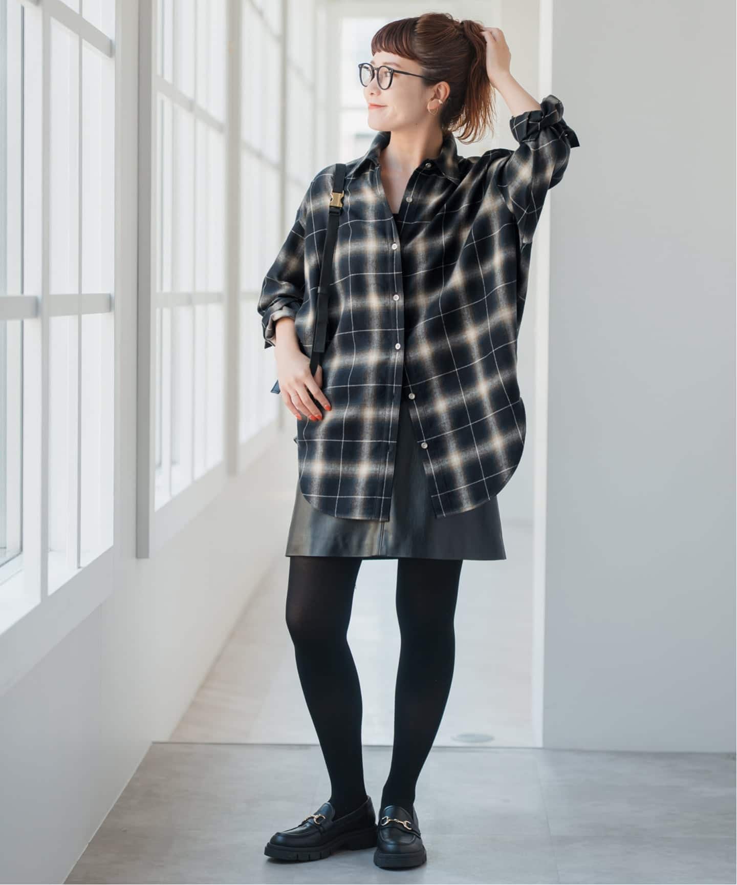 メタルボタンオンブレーチェックルーズシャツ（シャツ／ブラウス