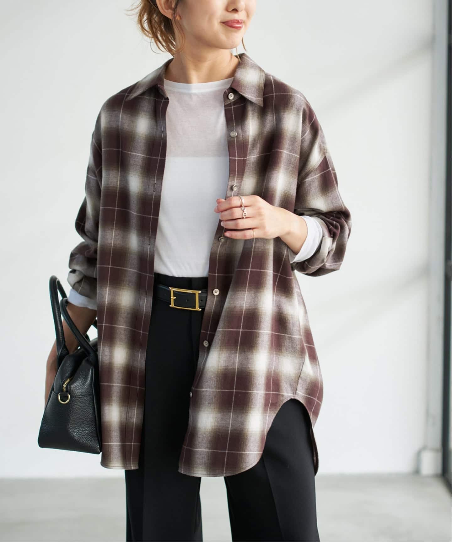 メタルボタンオンブレーチェックルーズシャツ（シャツ／ブラウス